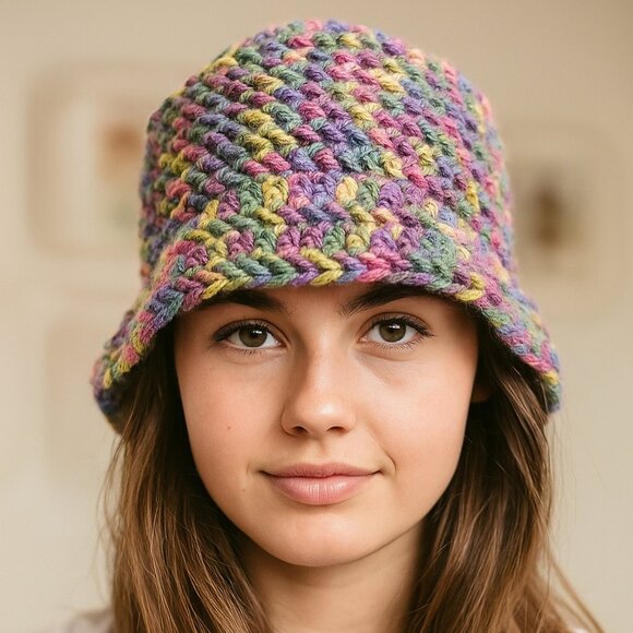 Multicolor Handmade Crochet Bucket Hat - Picture 1 of 5